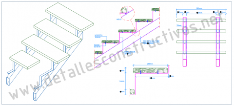Construction_detail_double_stringers_steel_staircase_stairs_raised_wooden_plank_tread_steps_RHS_rectangular_hollow_sections_profile_Dwg_drawing_steel_frames_beams_stahltreppe_holzstufen_stalen_trap_houten_treden_tangga_kayu_keluli_design