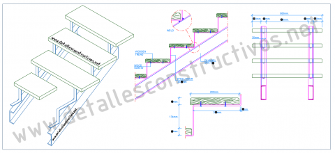 Construction_detail_double_stringers_steel_staircase_stairs_raised_wooden_plank_tread_steps_UPN_channels_profile_sections_perspective_Dwg_drawing_steel_frames_beams
